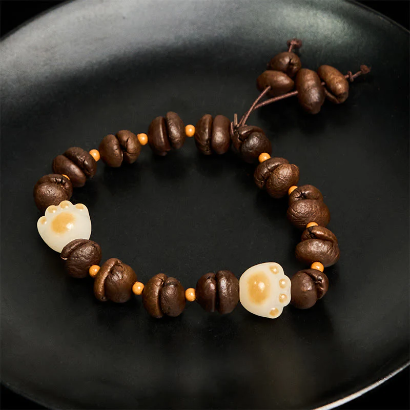 Buddha Stones Handmade Natural Coffee Beans Cat Head Bodhi Seed Claw Paw Peace Bracelet