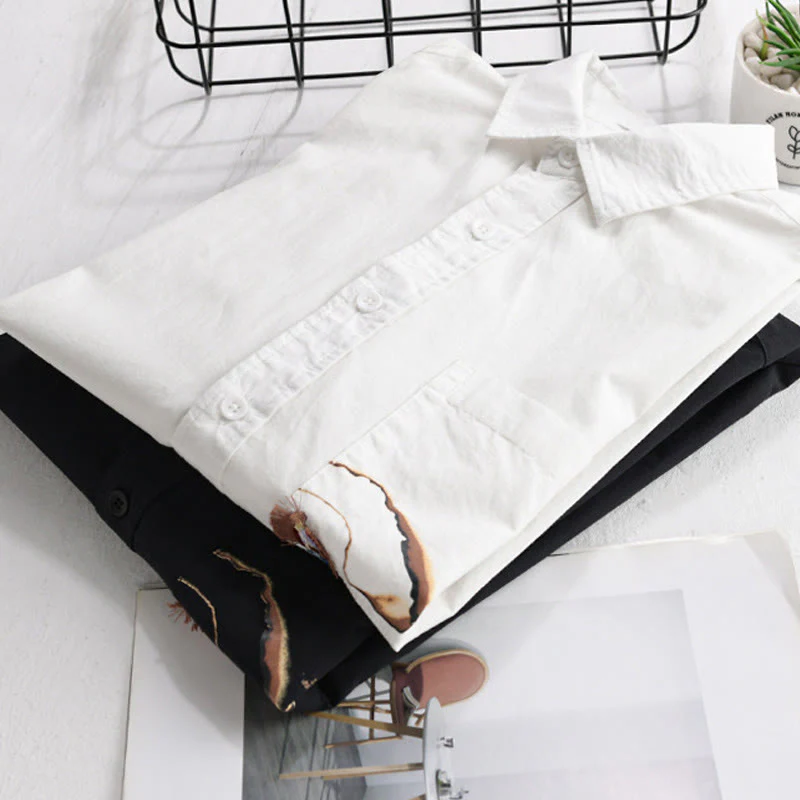 Buddha Stones Casual Embroidery Match Flame Pattern Lapel Men's Short Sleeve Cotton Shirt With Pocket