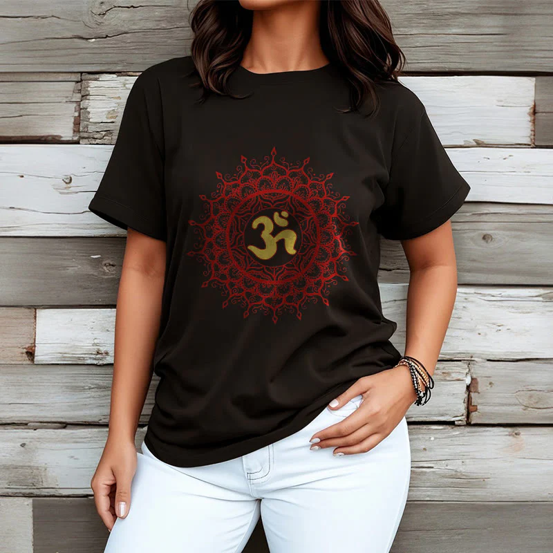 Buddha Stones Casual Red Mandala Om Symbol Pattern Cotton Tee T-shirt