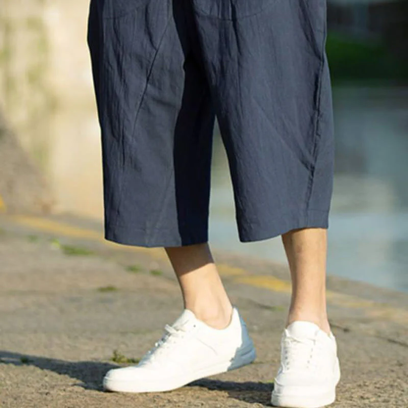 Buddha Stones Summer Plain Pleat Design Drawstring Men's 7-8 Length Cotton Linen Pants With Pockets