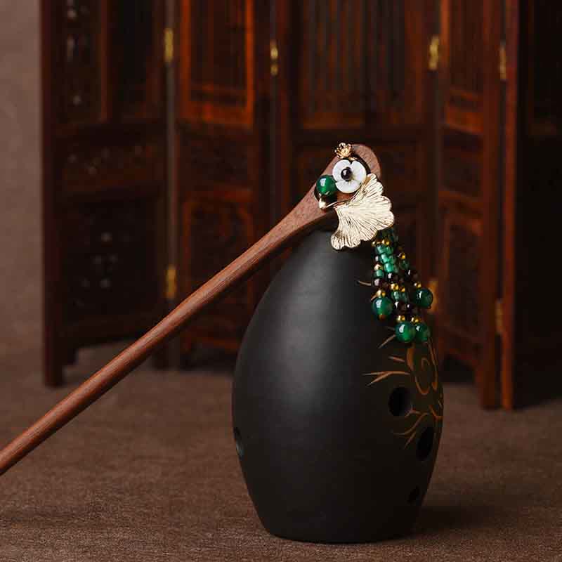 Buddha Stones Red Sandalwood Green Agate Ginkgo Leaf Protection Hairpin