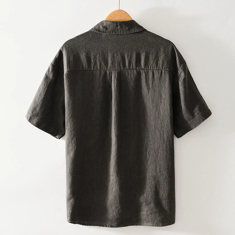 Buddha Stones Solid Summer Short Sleeve Buttons Linen Men's Shirt With Pockets