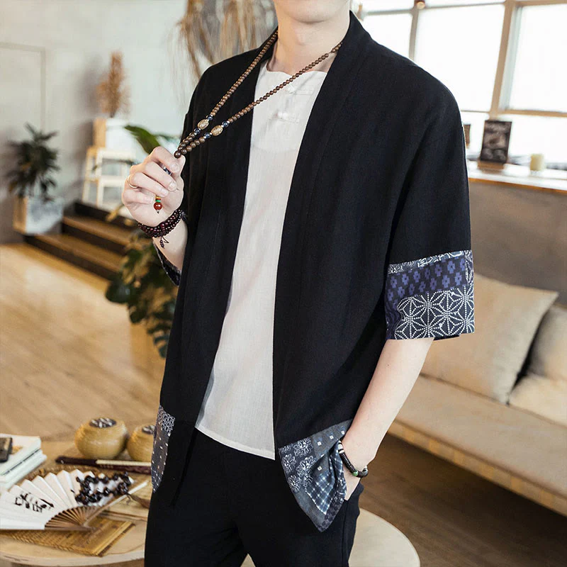 Buddha Stones Ethnic Printing Patchwork Design Open Front Jacket Cotton Linen Men's Kimono