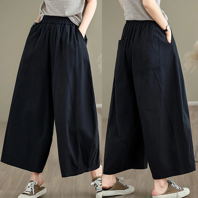 Buddha Stones Casual Plain Cotton Women's 7-8 Length Wide Leg Pants With Pockets
