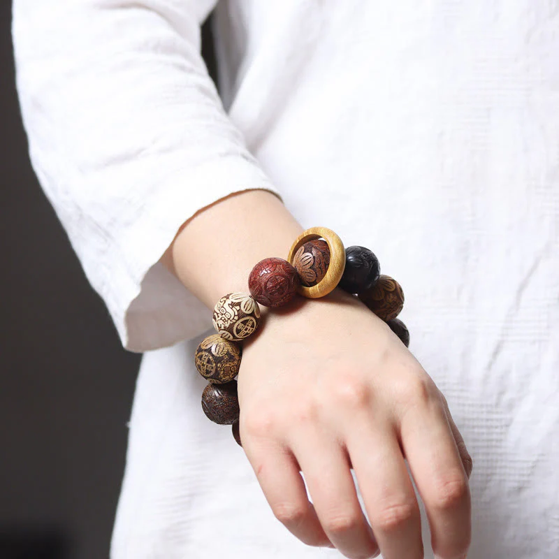 Buddha Stones Carving Sandalwood Chinese Zodiac Auspicious Dragon Phoenix Fu Character Healing Bracelet