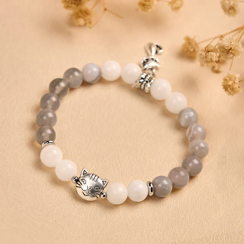 Buddha Stones Ragdoll Cat Gray Striped Agate Chalcedony Support Bracelet