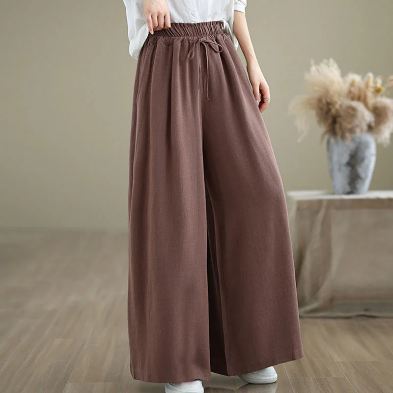 Buddha Stones Commute Plain Simple Lace-Up Design Women's Wide Leg Cotton Linen Pants With Pockets