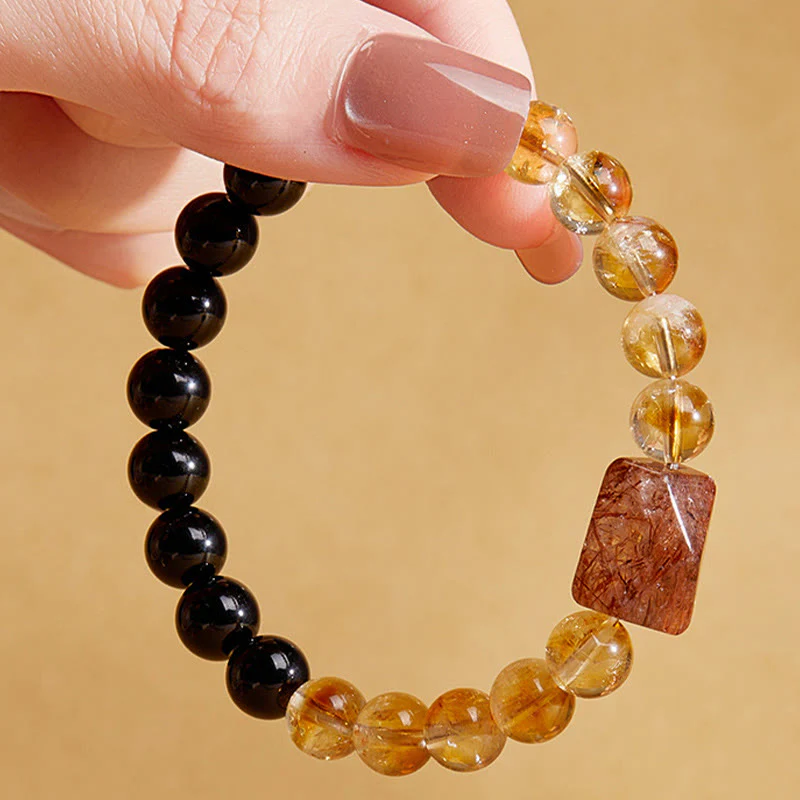 Buddha Stones Natural Black Obsidian Citrine Super Seven Crystal Strength Bracelet