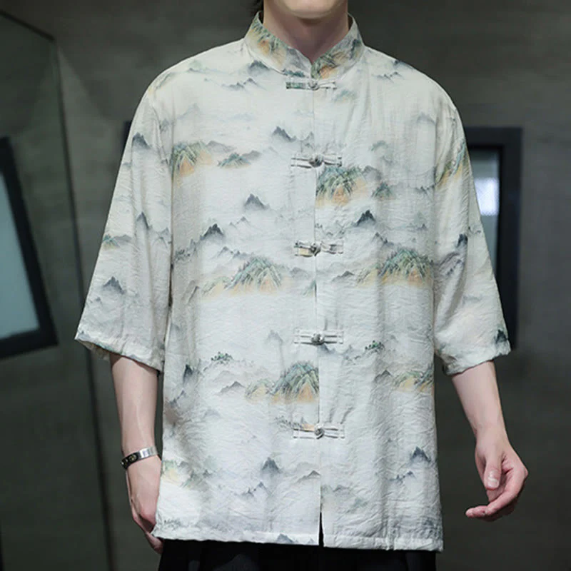Buddha Stones Ink Painting Mountains Chinese Frog-Button Tang Suit Men's Half Sleeve Cotton Linen Shirt