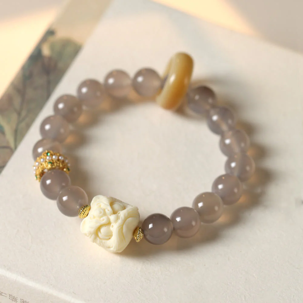 Buddha Stones Amber Gray Agate Ivory Fruit Confidence Bracelet