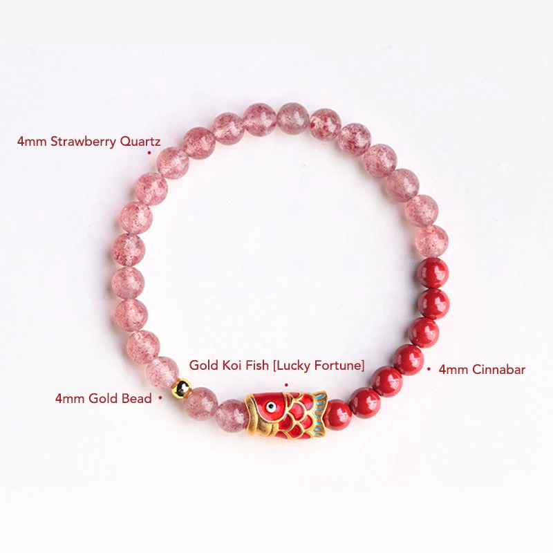 Buddha Stones Natural Strawberry Quartz Cinnabar Lucky Koi Fish Healing Bracelet