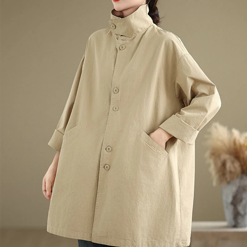 Buddha Stones Spring Plain Buttons Design Long Sleeve Women's Cotton Linen Jacket With Pockets