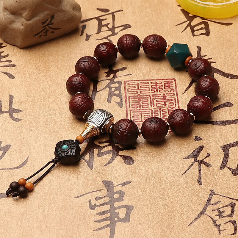 Buddha Stones Tibetan Bodhi Seed Agate Bead Luck Wealth Tassel Charm Wrist Mala