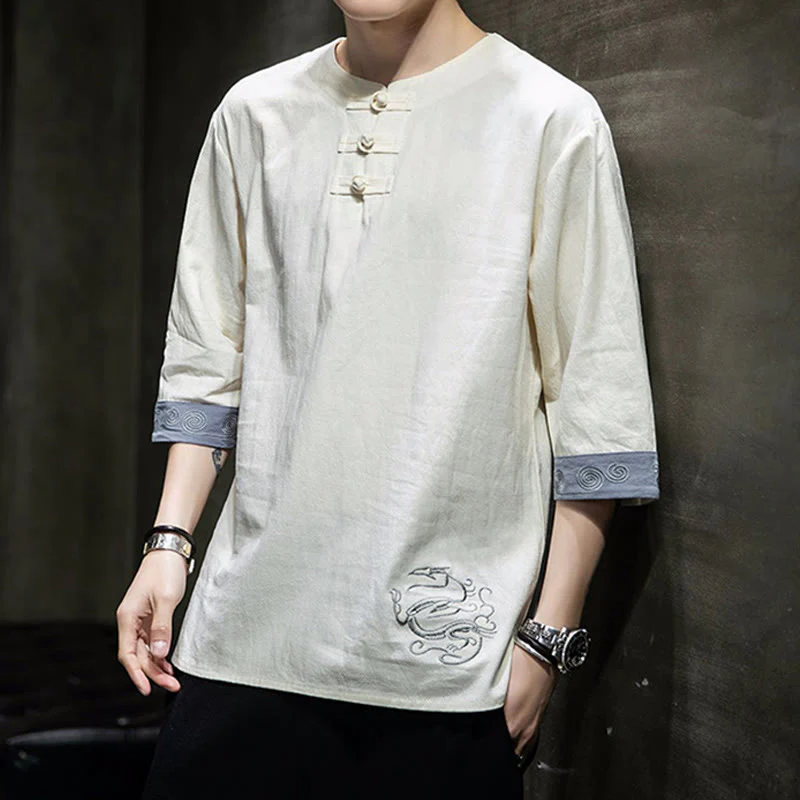 Buddha Stones Frog-Button Dragon Embroidery Chinese Tang Suit Three Quarter Sleeve Shirt Cotton Linen Men Clothing