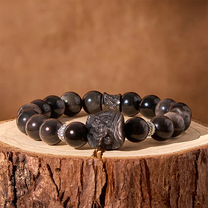 Buddha Stones Natural Silver Sheen Obsidian Lion Dance Protection Bracelet