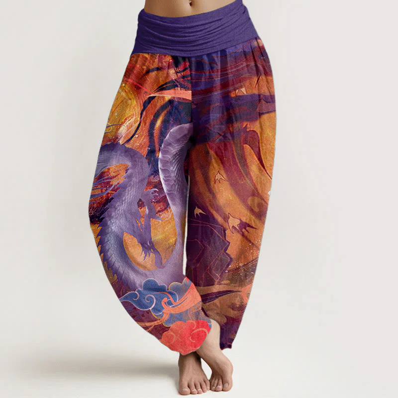 Buddha Stones Pure Cotton Dragon Auspicious Clouds Pattern Women's Elastic Waist Harem Pants