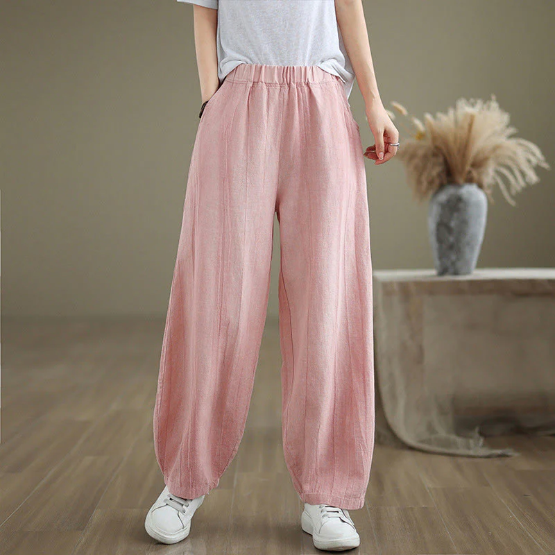 Buddha Stones Casual Plain Women's Cotton Linen Harem Pants With Pockets