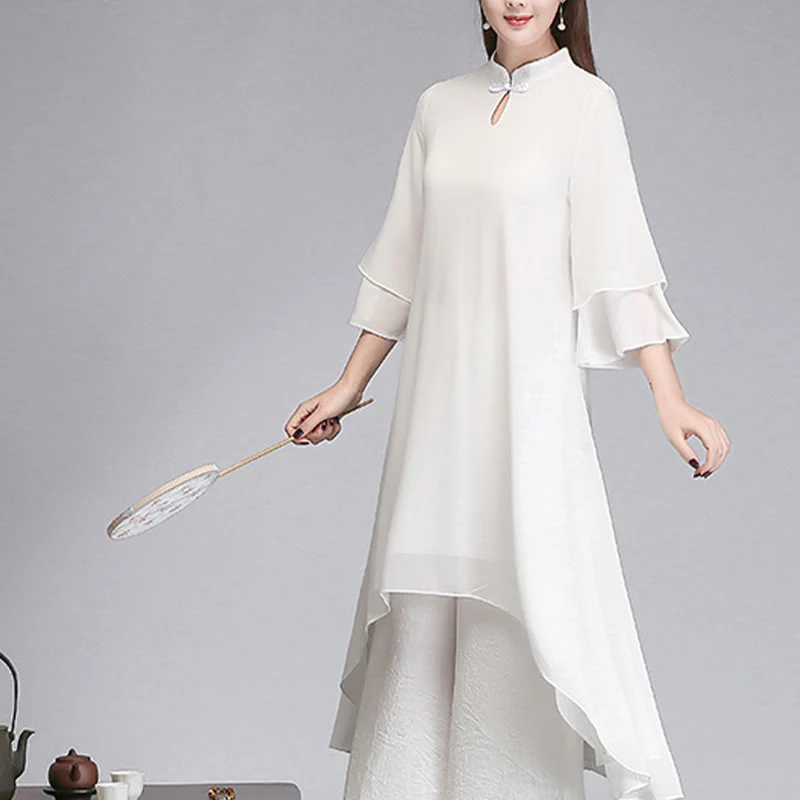 Buddha Stones Solid Women's Three Quarter Sleeve Chiffon Irregular Shirt Dress Wide Leg Pants Meditation Clothing