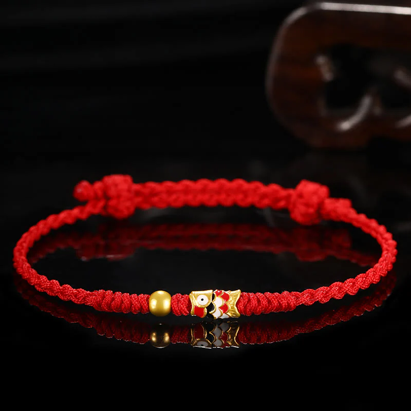 Buddha Stones 999 Gold Luck Koi Fish Handcrafted Braided String Bracelet