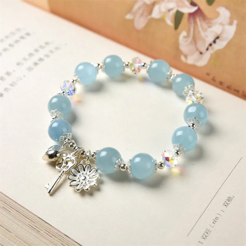 Buddha Stones 925 Sterling Silver Natural Aquamarine Serenity Flower Love Key Charm Bracelet