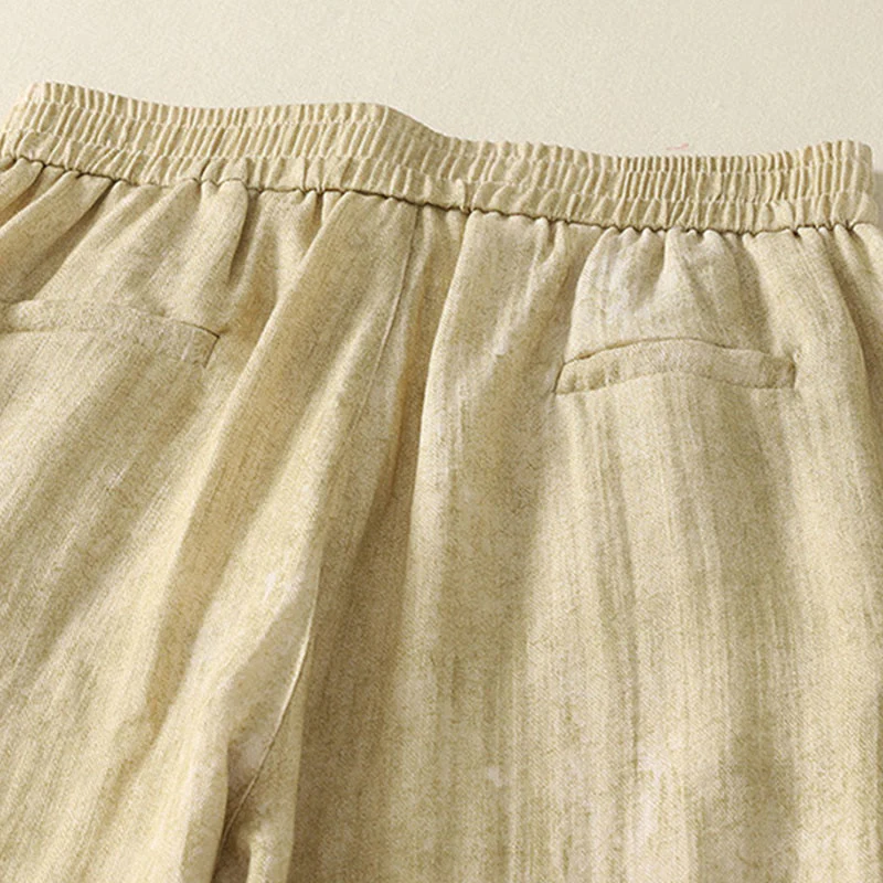 Buddha Stones Summer Plain Drawstring Zipper Design Women's Wide Leg Cotton Pants With Pockets