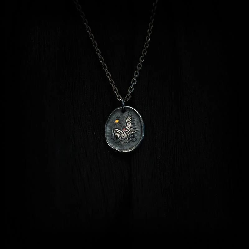 Buddha Stones 999 Sterling Silver 24k Gold Crane Auspicious Clouds Balance Necklace Pendant