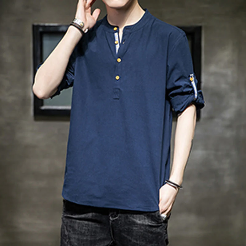 Buddha Stones Summer Solid Men's Half Buttons Half Sleeve Linen Shirt