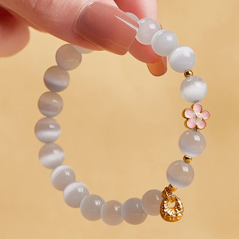 Buddha Stones 925 Sterling Silver Peach Blossom Lucky Bag White Cat's Eye Luck Bracelet