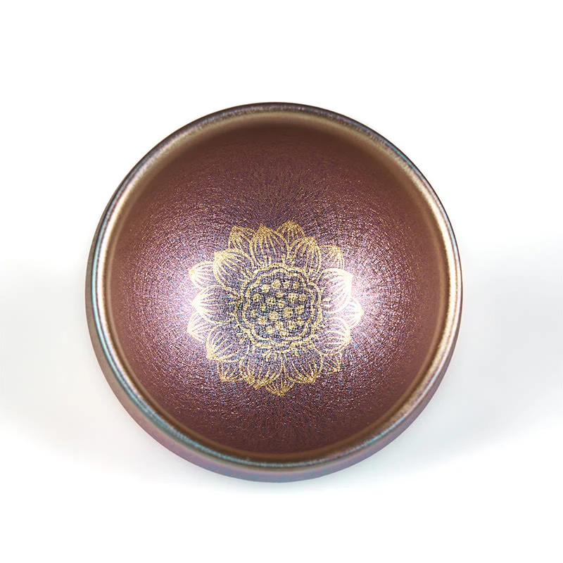 Buddha Stones Handmade Chinese Jianzhan Golden Lotus Flower Ceramic Teacup Kung Fu Tea Cup 150ml