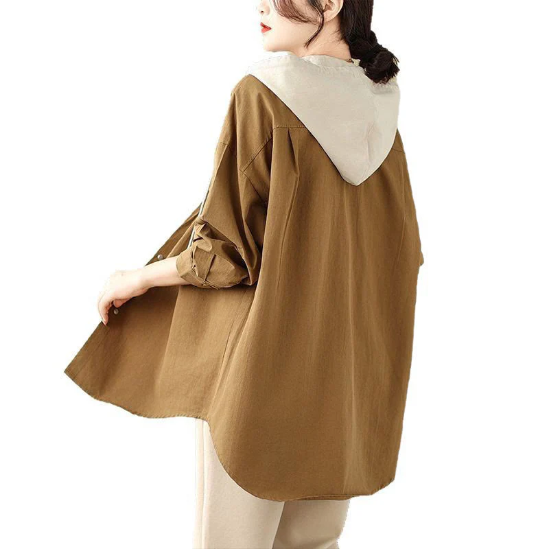 Buddha Stones Casual Commute Drawstring Hoodie Women's Cotton Linen Jacket With Pockets