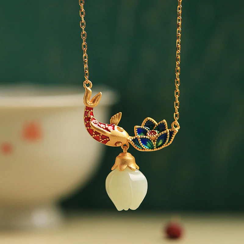 Buddha Stones 925 Sterling Silver White Jade Koi Fish Lotus Protection Necklace Pendant