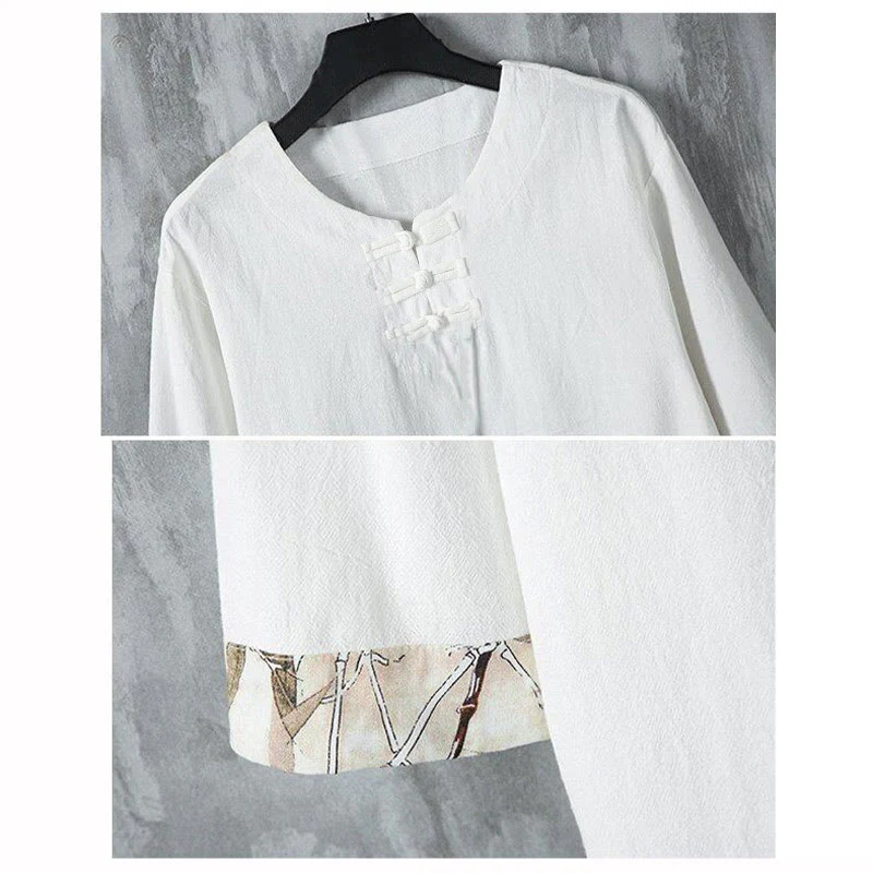 Buddha Stones Summer Frog-Button Yellow Bamboo Leaves Half Sleeve Men's Linen Shirt