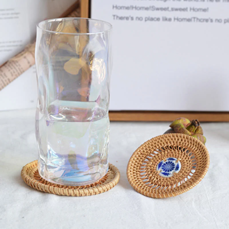 Buddha Stones Ceramic Flower Pattern Rattan Cup Mat Tea Cup Coaster