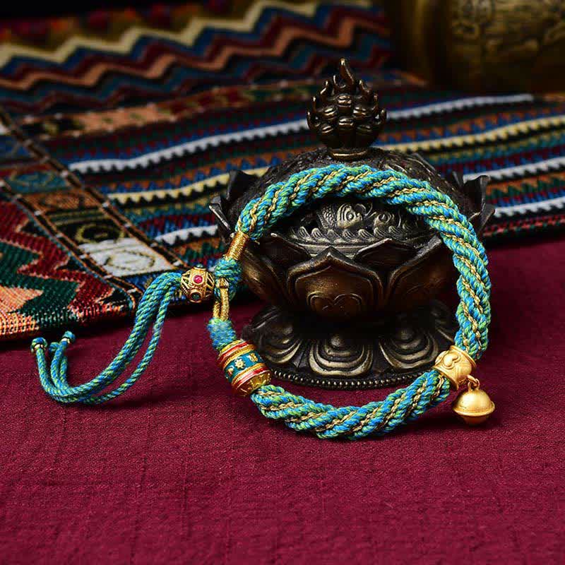 Buddha Stones Tibetan Handmade Luck Protection Thangka Prayer Wheel Bell Charm Braid String Bracelet