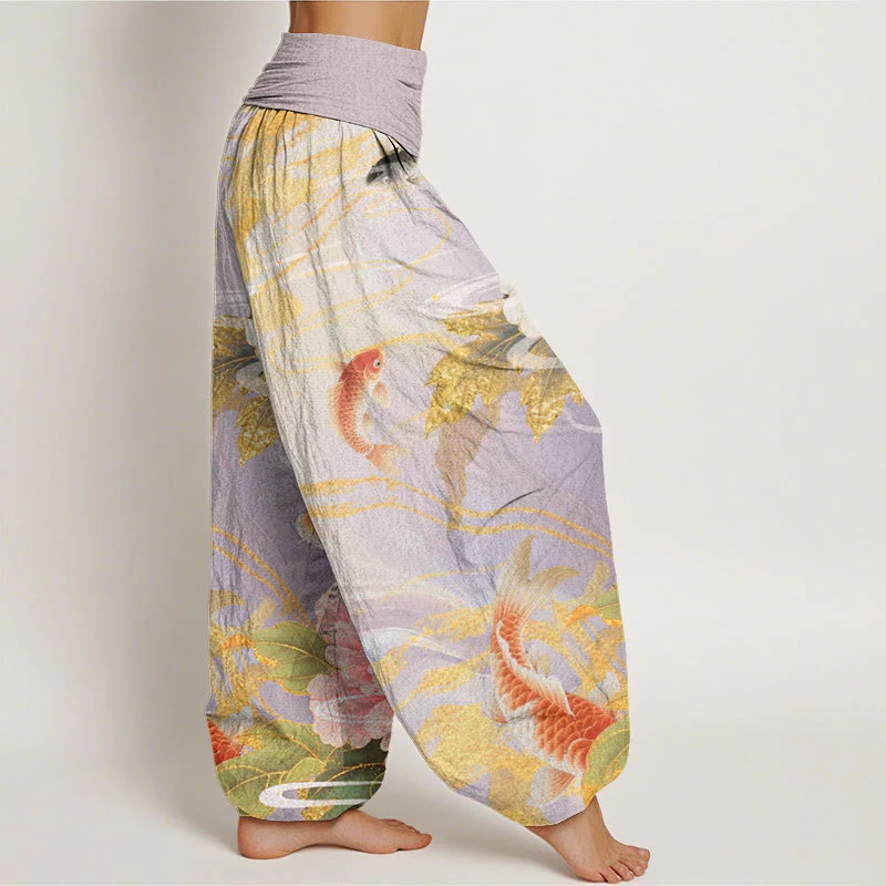 Buddha Stones Casual Peony Koi Fish Golden-Edged Leaves Pattern Women's Elastic Waist Harem Pants