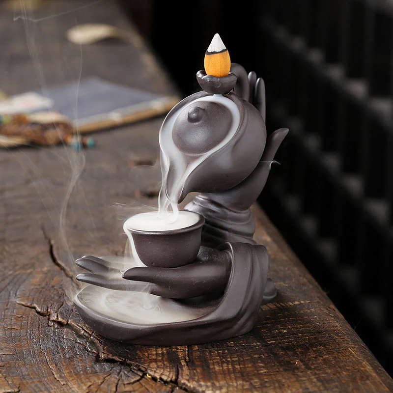 Buddha Stones Buddha Hand Holding Teapot Cup Ceramic Backflow Smoke Fountain Healing Incense Burner Decoration