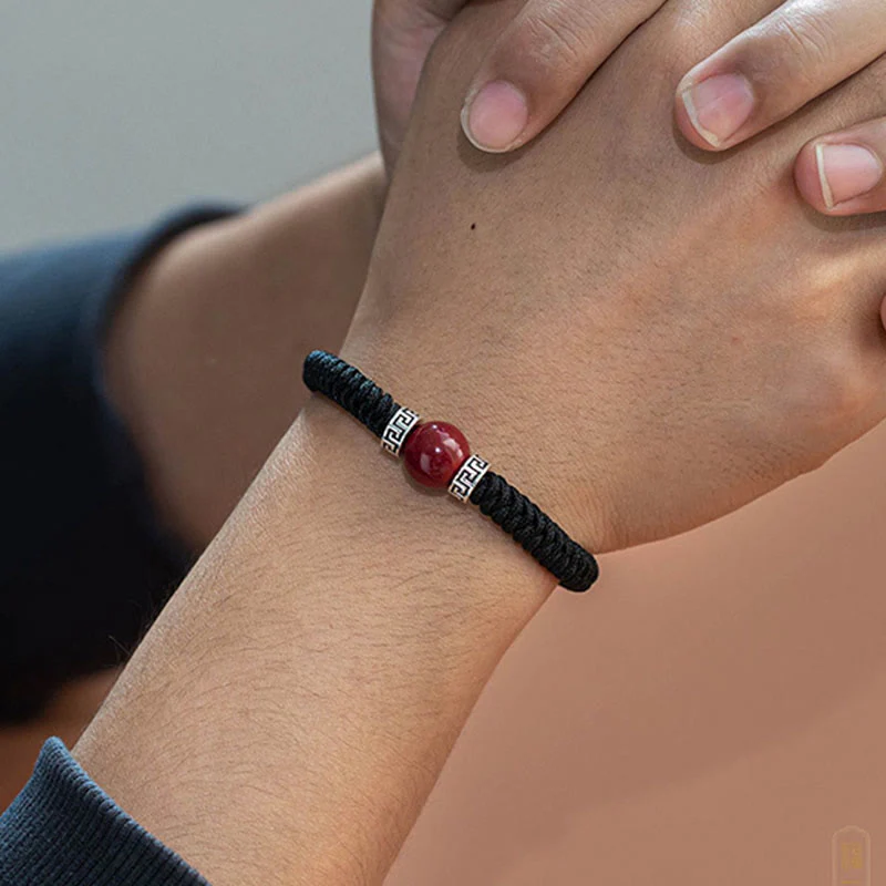 Buddha Stones 925 Sterling Silver Natural Cinnabar Bead Calm Handmade Braided String Bracelet