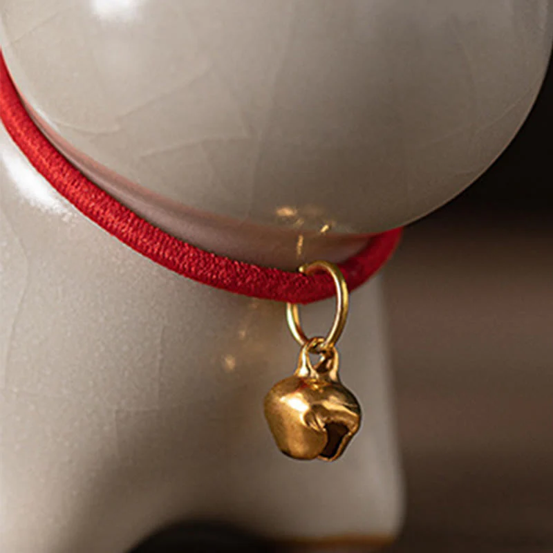 Buddha Stones Mini Lucky Cute Standing Cat Red Rope Bell Ceramic Figurine Decoration