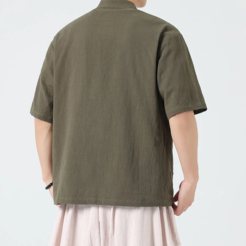 Buddha Stones Casual Half Frog-Button Design Stand Collar Tang Suit Men's Half Sleeve Cotton Shirt With Pocket