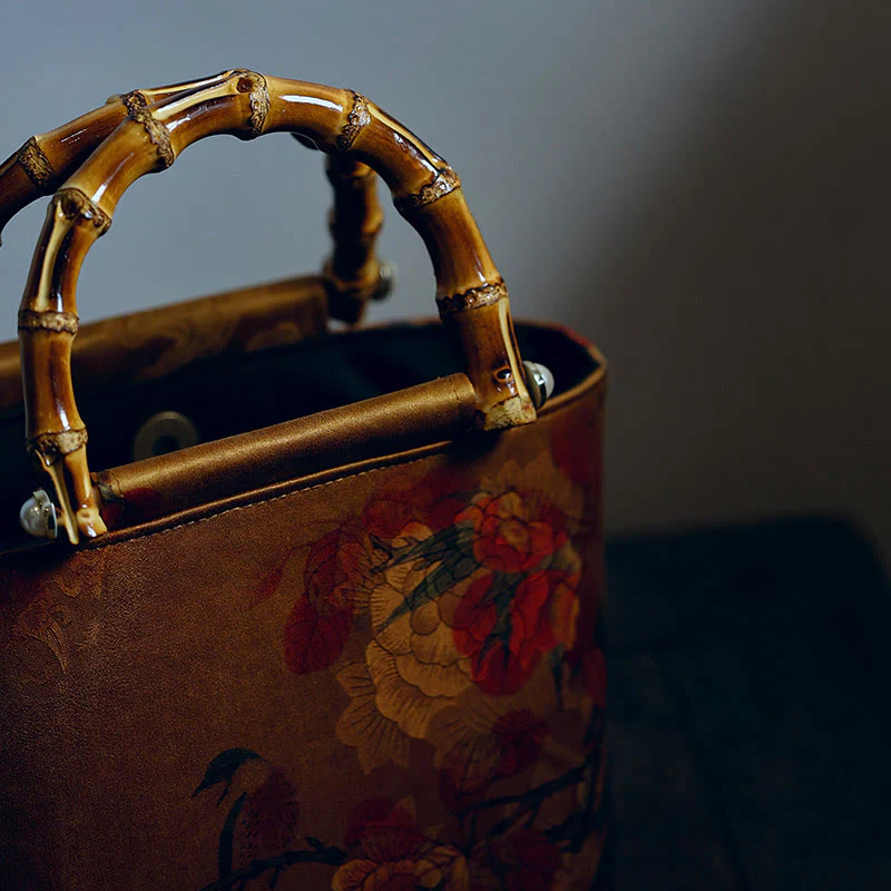 Buddha Stones Yellow Bird Branches Green Peony Flower Bamboo Handles Handbag