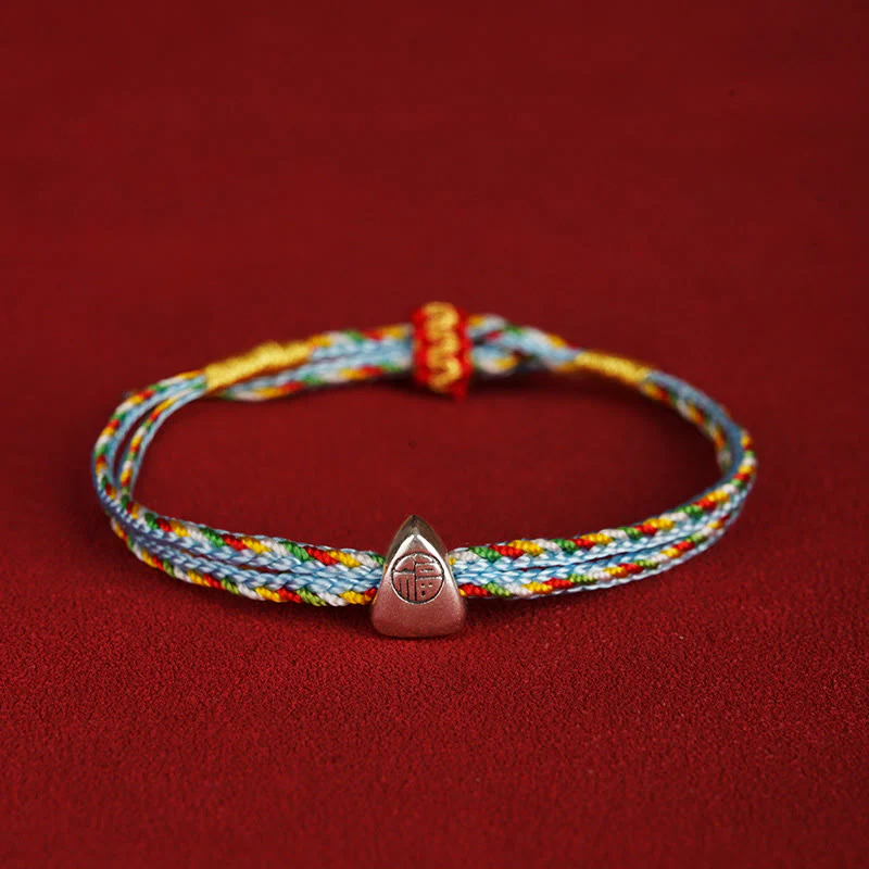 Buddha Stones 925 Sterling Silver Fu Character Luck Multicolored Rope Bracelet