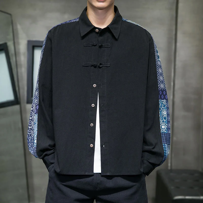 Buddha Stones Men's Flower Pattern Stitching Cotton Blend Long Sleeve Shirt
