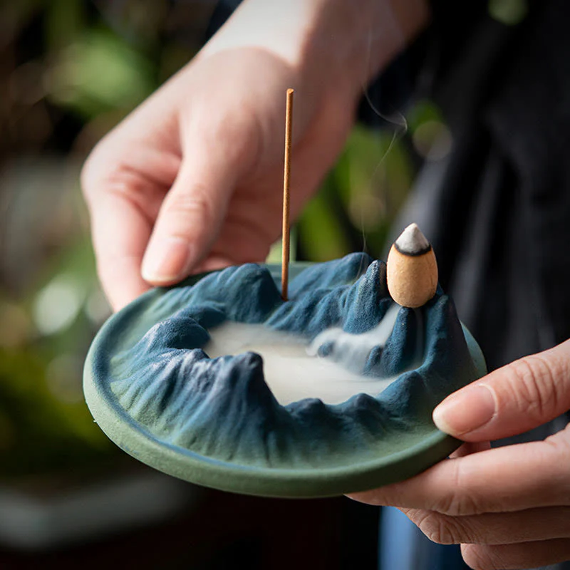 Buddha Stones Creative Mountain River Ceramic Healing Backflow Incense Burner