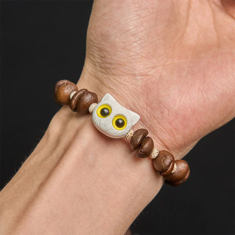 Buddha Stones Handmade Natural Coffee Beans Cat Head Bodhi Seed Claw Paw Peace Bracelet
