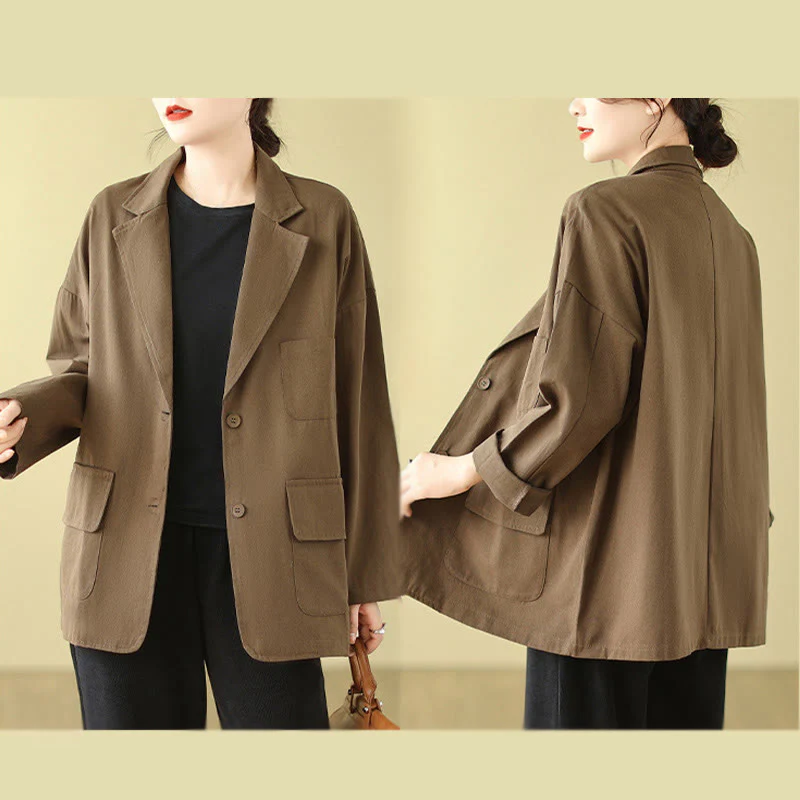 Buddha Stones Plain Women's Cotton Suit Jacket With Pockets