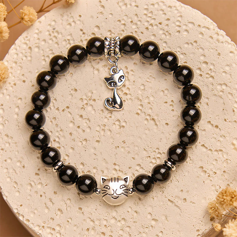 Buddha Stones Black Cat Natural Black Onyx Kitten Support Bracelet