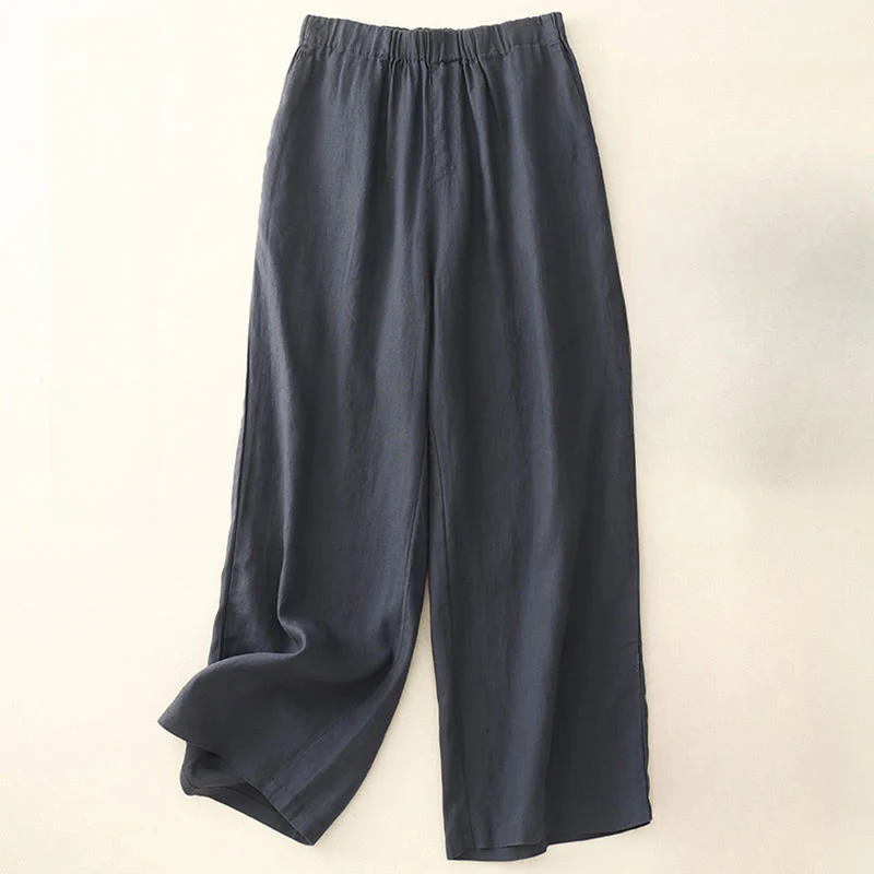 Buddha Stones Wild Plain Cotton Linen Women's Wide Leg Pants With Pockets