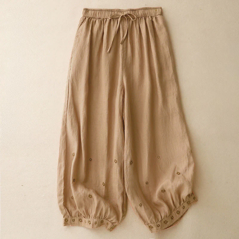 Buddha Stones Casual Embroidered Petals Women's Cotton Linen 7-8 Length Harem Pants With Pockets