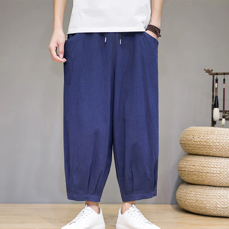 Buddha Stones Simple Cotton Men's Cropped Capri Harem Pants With Pockets