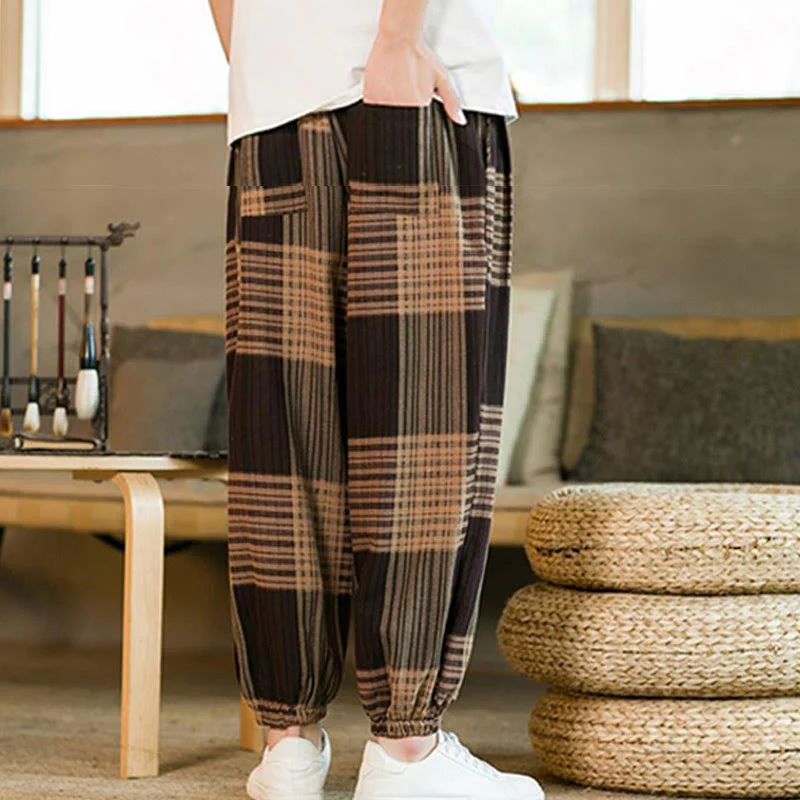 Buddha Stones Summer Checkered Stripes Cotton Linen Men's Harem Pants With Pockets